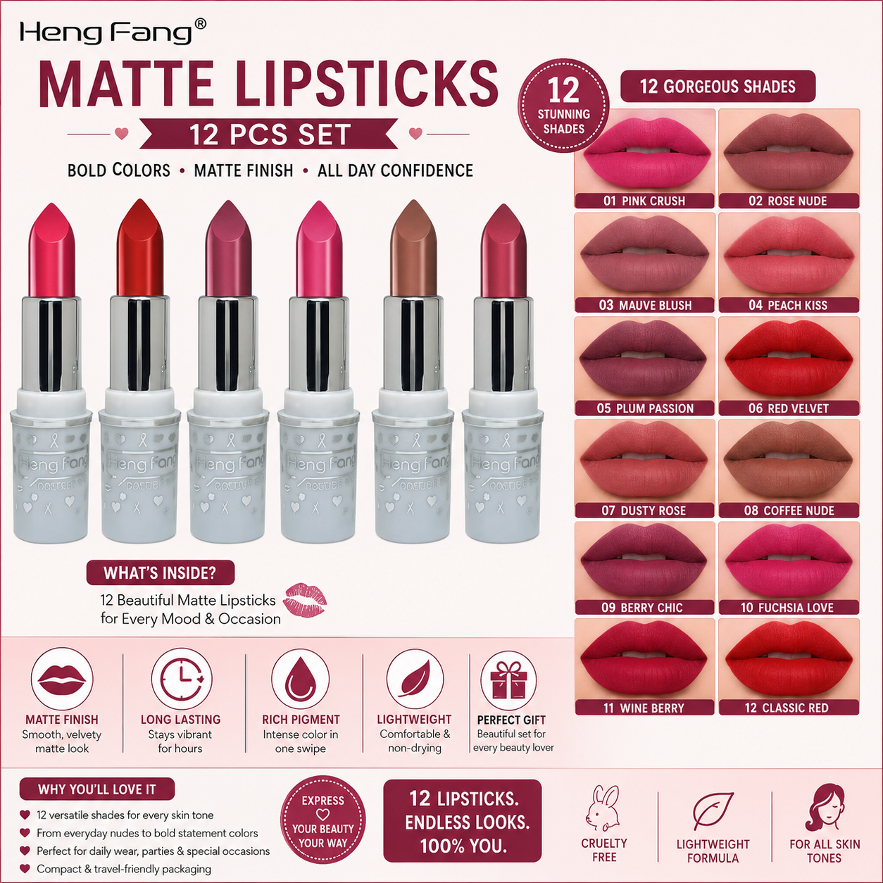Heng Fang Matte Lipsticks - 12 Pcs