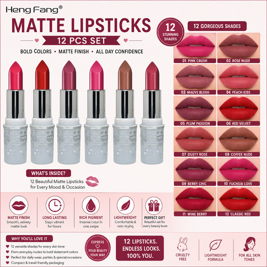 Heng Fang Matte Lipsticks - 12 Pcs