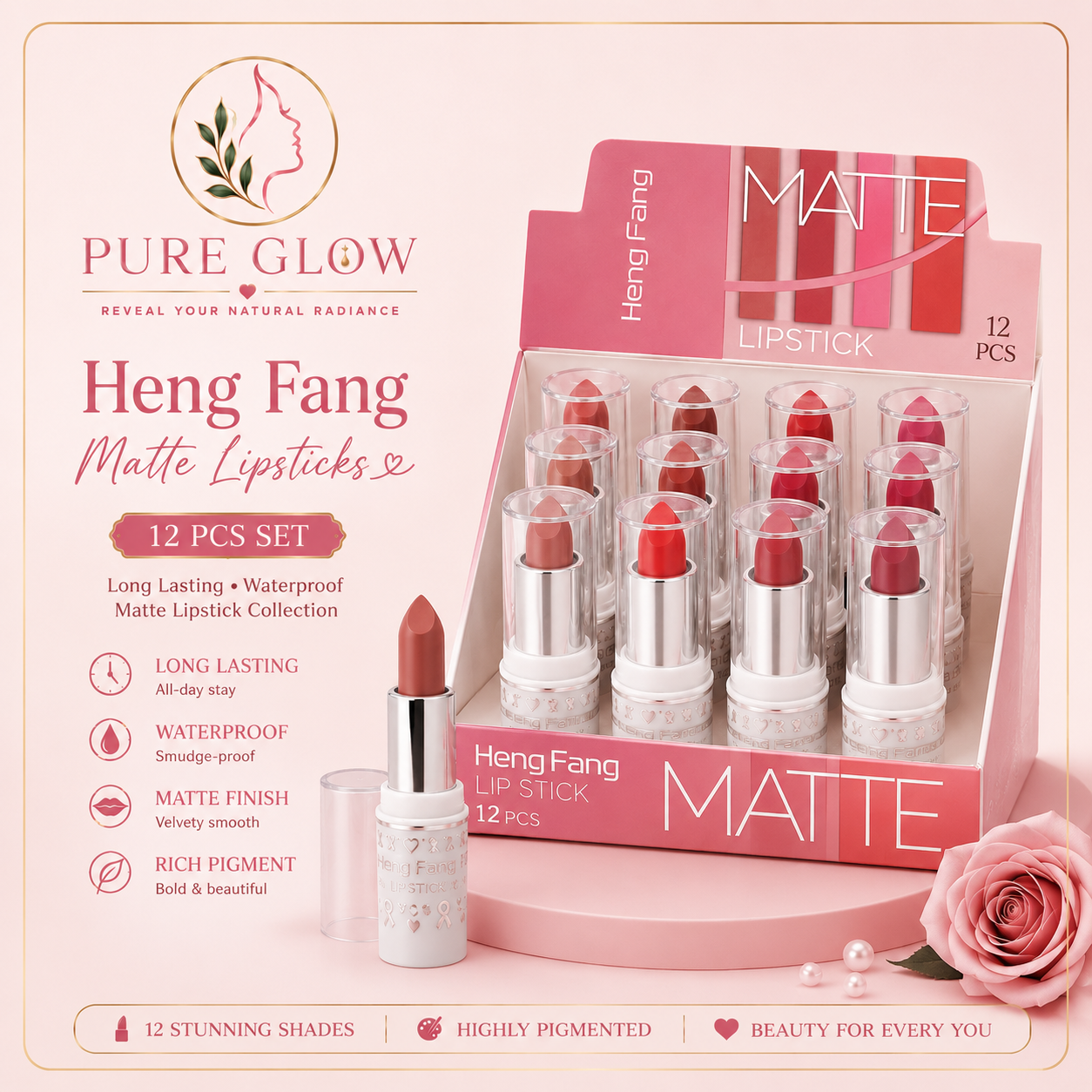 Heng Fang Matte Lipsticks - 12 Pcs